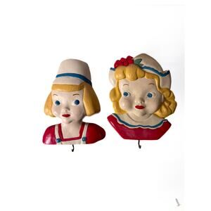 Vintage Kitchen Decor -  Dutch Girl and Boy Chalkware Wall Hangers - Pair
